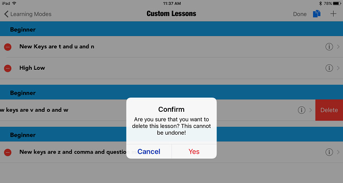 screenshot of the Confirm popup for deletion of lesson