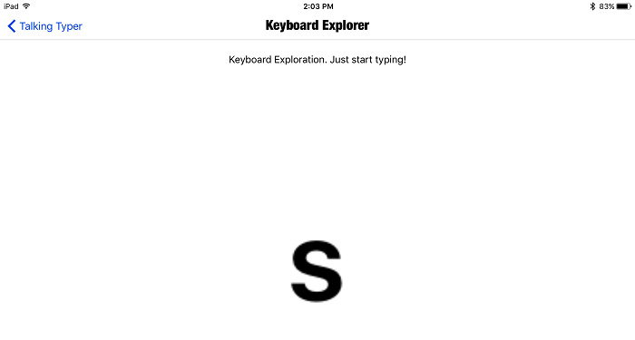 screenshot of Keyboard Explorer screen with the letter S displayed on the screen