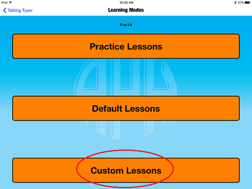 screenshot of Learning Modes screen with Custom Lessons circled in red