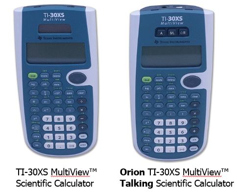 A side-by-side view of both the original TI-30XS MultiView (left) and the Orion TI-30XS MultiView Talking Scientific Calculator (right)