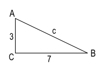 Right triangle ABC: right angle labeled C, positioned at the lower-left side
of the triangle; angle A positioned at top-left; angle B positioned at bottom-right. Side lengths: AC=3, CB=7, and
AB=lower case c.
