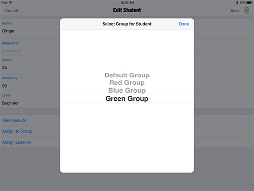 screenshot of Select Group for Student popup