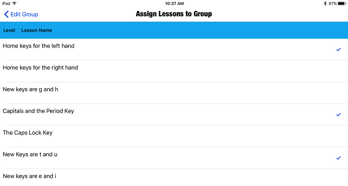screenshot of Assign Lessons to Group screen with list of lessons