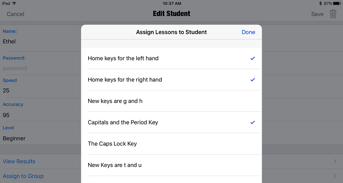 screenshot of Assign Lessons to Student popup with list of lessons