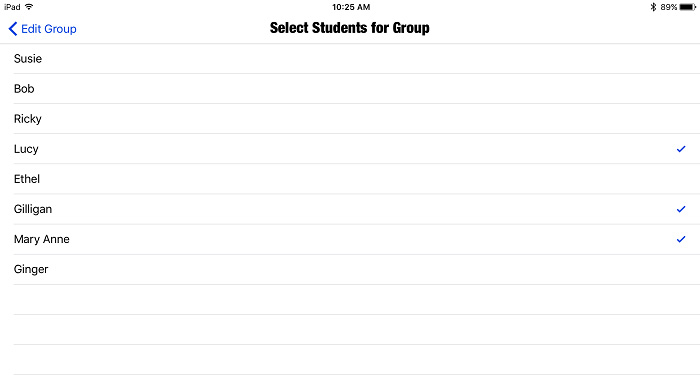 screenshot of Select Students for Group popup