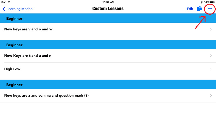 screenshot of Custom Lessons screen with the plus sign circled in red
