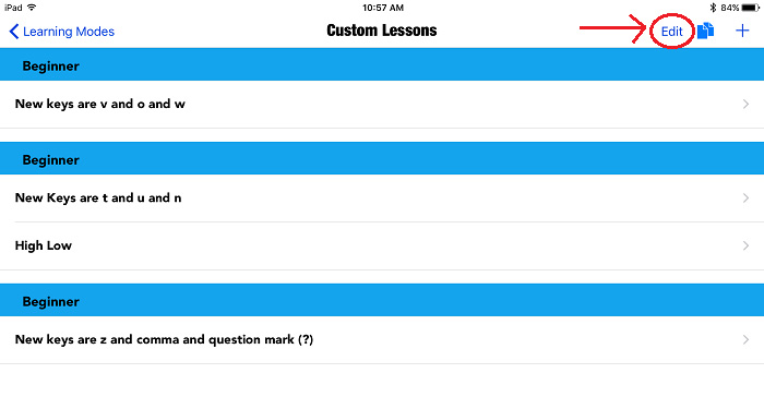screenshot of the Custom Lessons screen with the word Edit circled in red