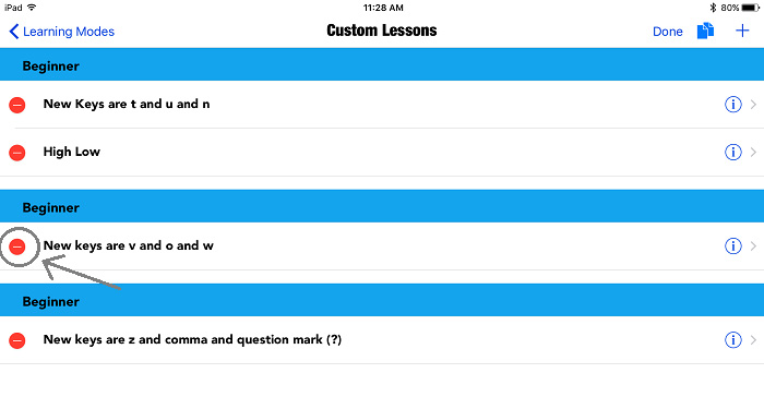 screenshot of the Custom Lessons screen with red circle icon circled in gray