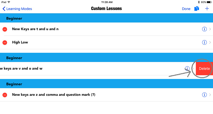 screenshot of the Custom Lesson screen with the red Delete button circled in gray