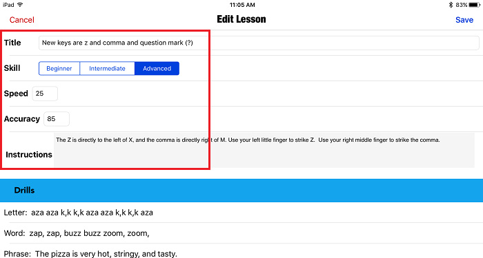 screenshot of the Edit Lesson screen with The Title, Skill, Speed, Accuracy, and Instructions fields indicated with a red square