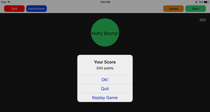 screenshot of Your Score popup with Ok, Quit, and Replay Game options