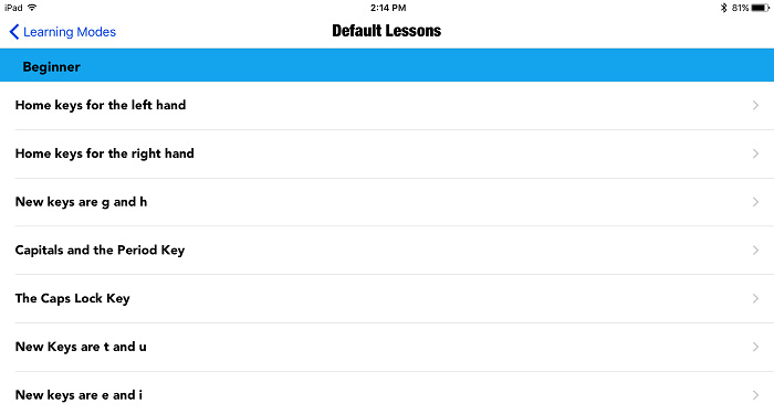 screenshot of the Default Lessons screen showing the list of default lessons