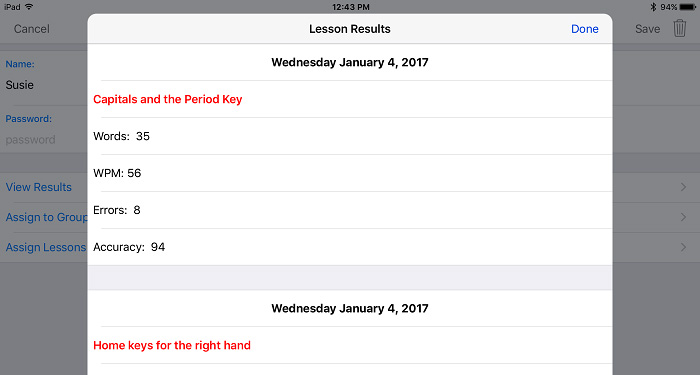 screenshot of the Lesson Results with words per minute, time, accuracy, and errors