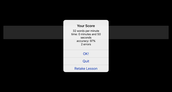 screenshot of the Your Score pop-up window showing results
