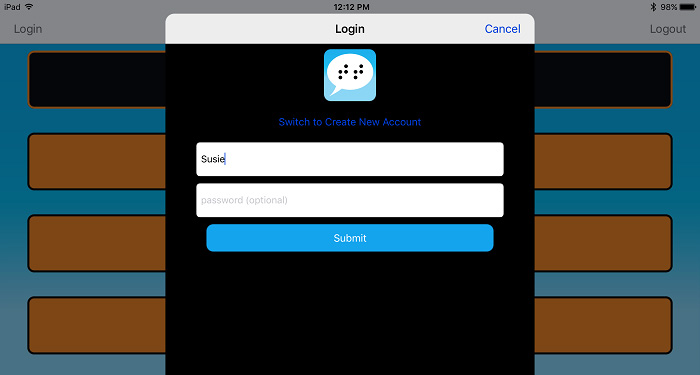 login screen with name and password entry fields and blue Submit button