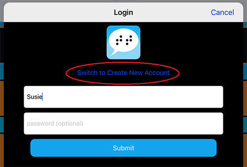 screenshot of Login screen with Switch to Create New Account circled in red
