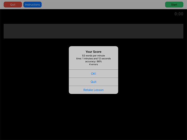 screenshot of the Your Score pop-up window with words per minute, time, accuracy, and errors