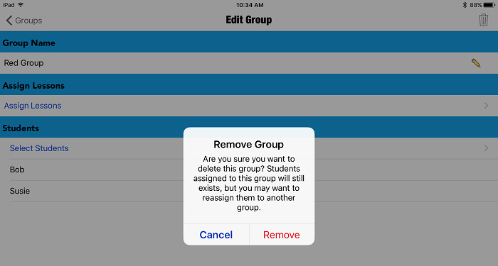 screenshot of Remove Group popup