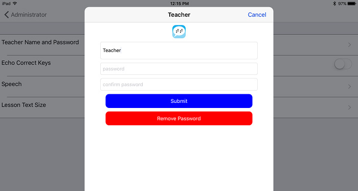 screenshot of password screen with entry fields and blue Submit and red Remove Password buttons