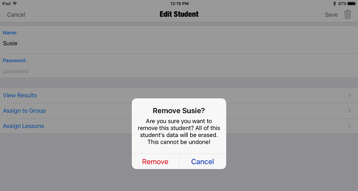 screenshot of Remove Student popup window